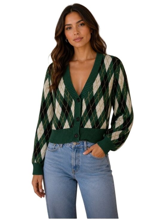 STAUD Sweaters - Staud Knave Cardigan in Green Cypress Argyle - Size S